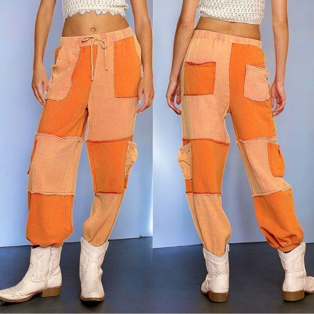 POL Jogger Pants Orange Patchwork Adjustable Drawstring Cargo Pockets Contrast M - Picture 2 of 7